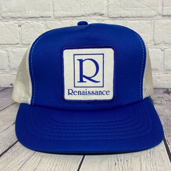 Vintage Renaissance Trucker Hat Mesh Cap Snapback Patch Log Blue - Picture 1 of 7